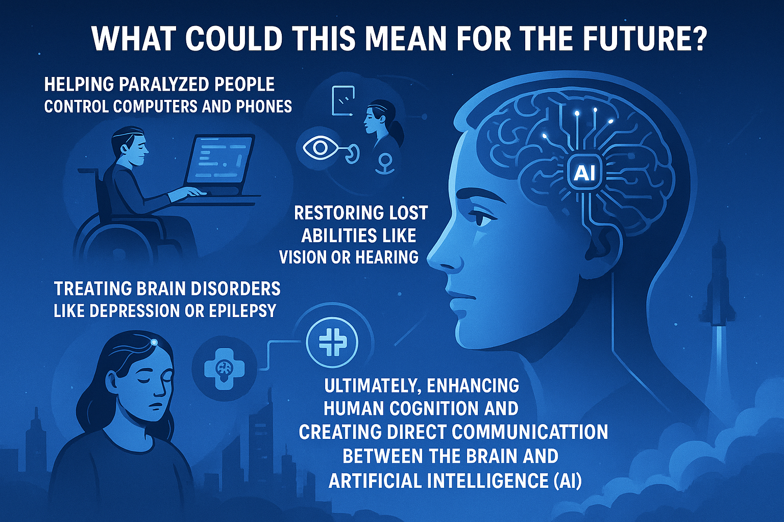 Conceptual image showing future applications of Neuralink like restoring vision and controlling prosthetics